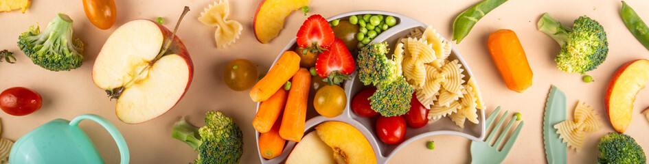 Baby finger food, various baby snacks, pasta, vegetables, fruits chopped for convenient, safe...