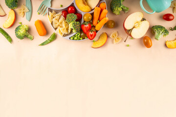 Baby finger food, various baby snacks, pasta, vegetables, fruits chopped for convenient, safe...