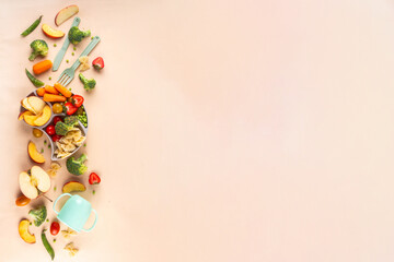 Baby finger food, various baby snacks, pasta, vegetables, fruits chopped for convenient, safe...