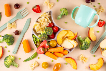 Baby finger food, various baby snacks, pasta, vegetables, fruits chopped for convenient, safe...