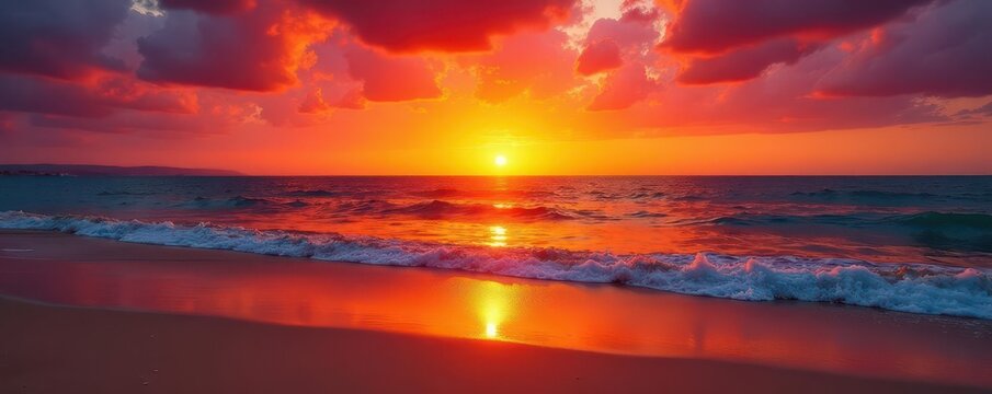 Crimson and gold sunset over Alghero's sandy shore , coastal, waves, sunset - Powered by Adobe