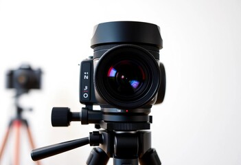 Professional black framed camera lens on tripod, photo, equipment
