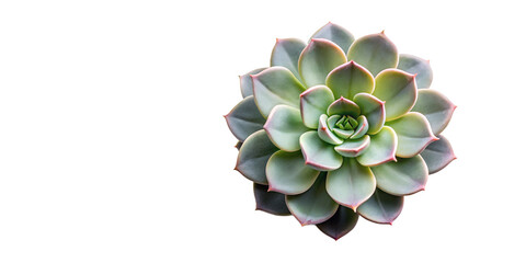 A detailed overhead shot of a vibrant green succulent plant with pink edges isolated on transparent...