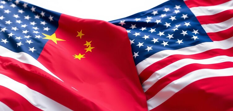 Flags of China and USA side-by-side, close-up, eagle, stripes