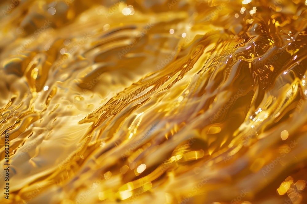 Poster golden liquid surface creating waves and abstract shapes with light reflections