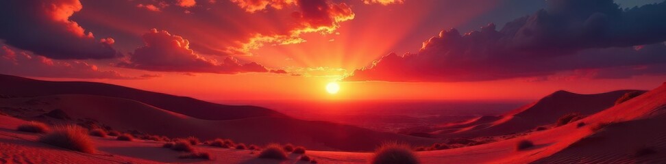 Obraz premium Crimson sun dips below desert horizon, clouds ignite in fiery hues , clouds, crimson