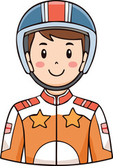 Cartoon illustration of a smiling person wearing a racing helmet and suit.