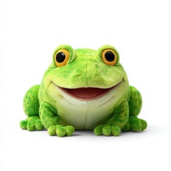 Obraz premium Happy Green Plush Frog Toy Isolated on White Background Childrens Stuffed Animal