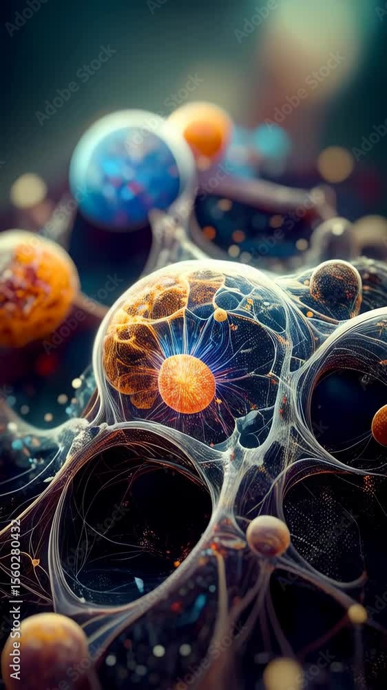 Poster abstract depiction of cellular structures interconnected with glowing spheres forming a complex mole
