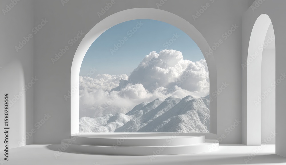 Poster serene minimalist architecture: a white room with archway views of snowy mountains and clouds