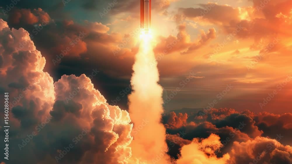 Poster a space shuttle soaring through a cloudy sky