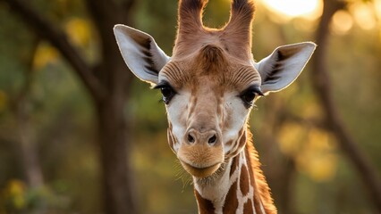 Obraz premium A curious giraffe gazes intently at the camera, its large, expressive eyes capturing the viewers attention in this closeup portrait