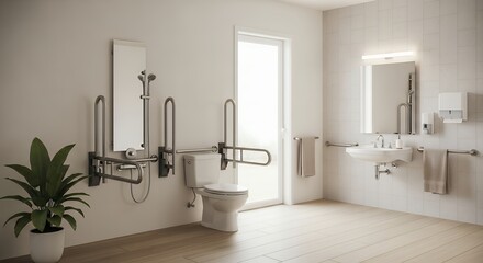 A modern, accessible bathroom interior featuring grab bars, a shower, and toilet.