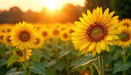 Obraz premium Sun-Drenched Sunflowers Swaying in Golden Hour Light A Summer Idyll of Joyful Bliss