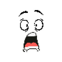Pixelated emoji face shows surprise with wide eyes and open mouth. evokes shock and amazement.