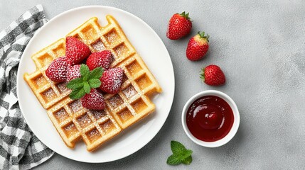 Freshly made waffles topped with strawberries and powdered sugar.