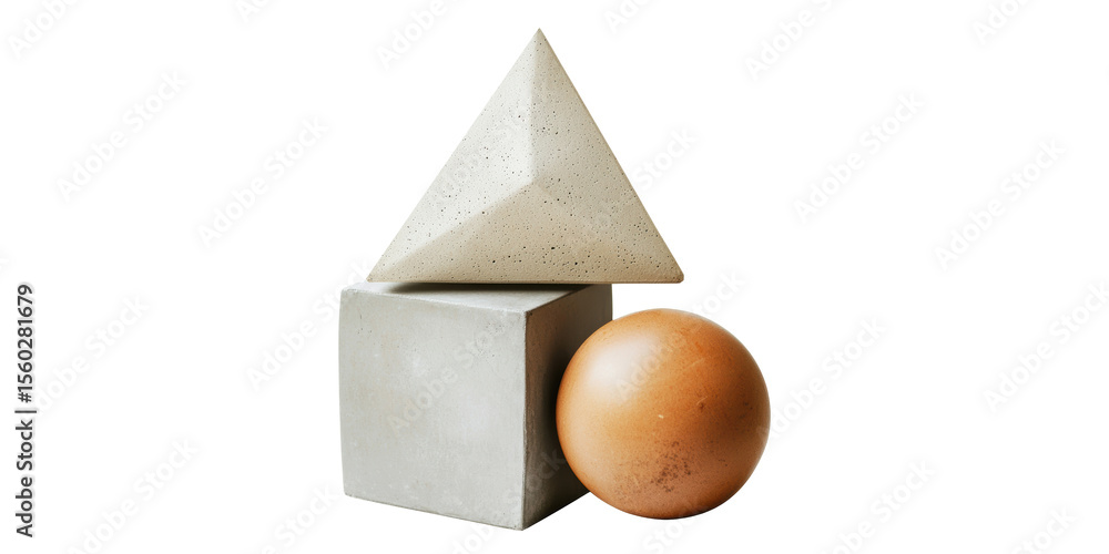 Poster geometric shapes composition with pyramid, cube, and sphere. abstract balance and design concept iso