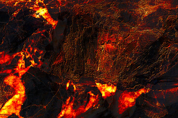 Abstract background of lava with red gaps. Dark orange mountains with lava