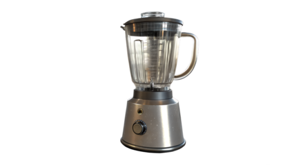 A modern brushed metal kitchen blender with a clear glass pitcher and a black lid isolated on transparent background
