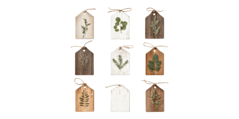 Decorative Wooden Tags With Pressed Botanical Designs. Rustic Home Decor And Craft Inspiration Isolated On Transparent Background