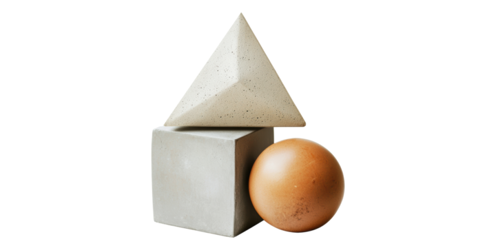 Geometric Shapes Composition With Pyramid, Cube, And Sphere. Abstract Balance And Design Concept Isolated On Transparent Background