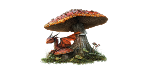 Fantasy Dragon Resting Under Giant Mushroom. Whimsical Nature Scene With Mythical Creature Isolated On Transparent Background