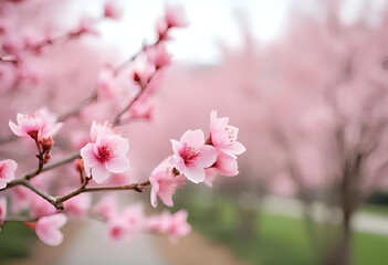Obraz premium Soft focus background with light spring rain and blurred pink blossoms in the distance. Gentle pastel tones with bokeh effect, creating a calm and dreamy seasonal atmosphere.