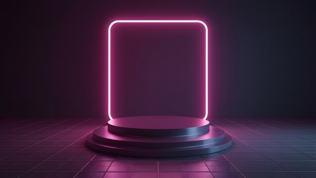 Futuristic neon stage with glowing pink frame and tiered platform on tiled floor - Powered by Adobe