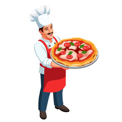 Smiling Chef Holding a Freshly Baked Pizza  Isometric Illustration for Logo and banner