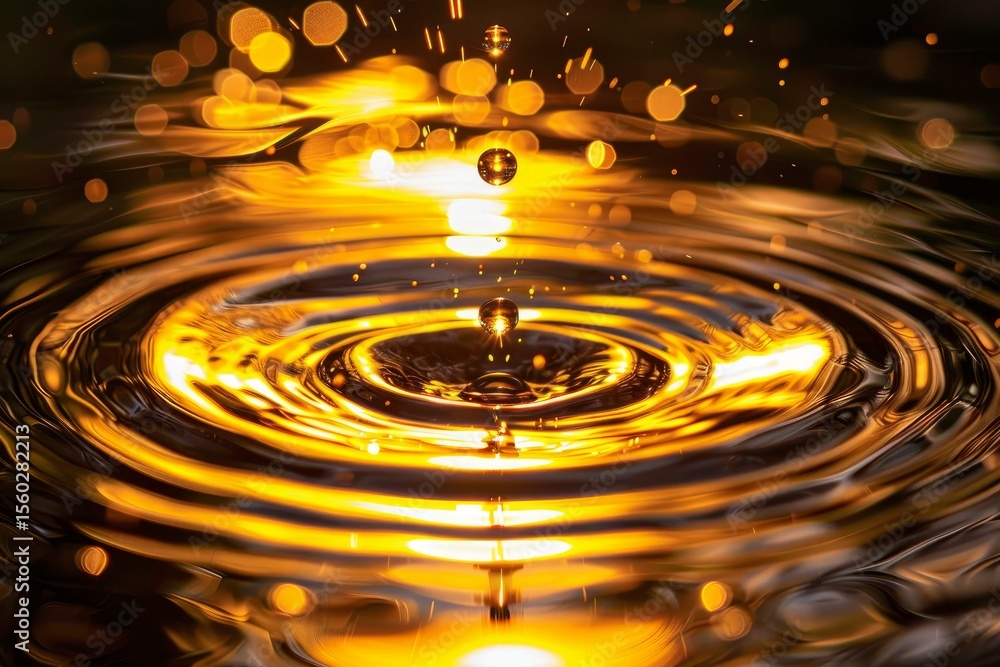 Aufkleber water drop falling into golden liquid creating concentric ripples and sparkling effect
