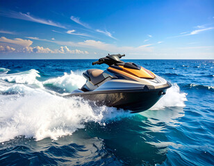 Fototapeta premium A jet ski leaving a powerful, rooster-tail wake as it speeds across the vast, open ocean on a sunny day.