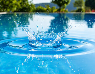 A dynamic splash of water from a dive leaving concentric ripples on a perfectly still swimming pool surface.