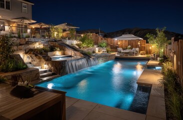 Fototapeta premium Serene Nighttime Oasis: Backyard Pool and Waterfall Illuminate a Luxurious Landscape