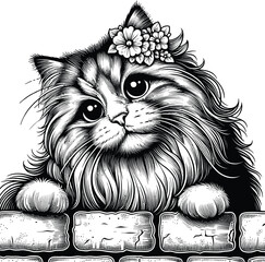 Elegant Floral Cat on Brick Wall