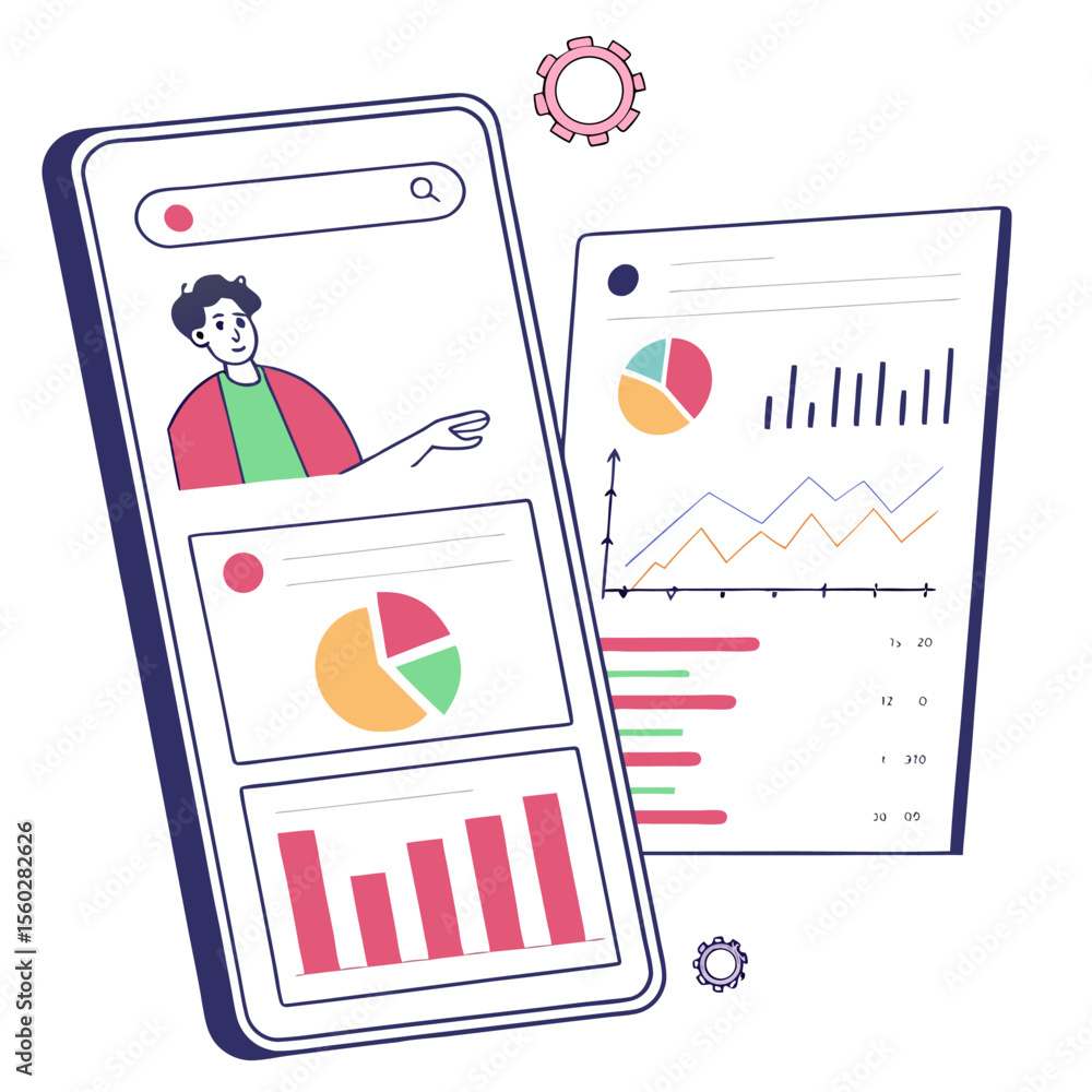 Poster illustration of a smartphone displaying charts and a person with a document showing data analysis