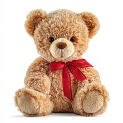 Adorable Light Brown Teddy Bear with Red Ribbon Bow Perfect for Gift or Child's Toy