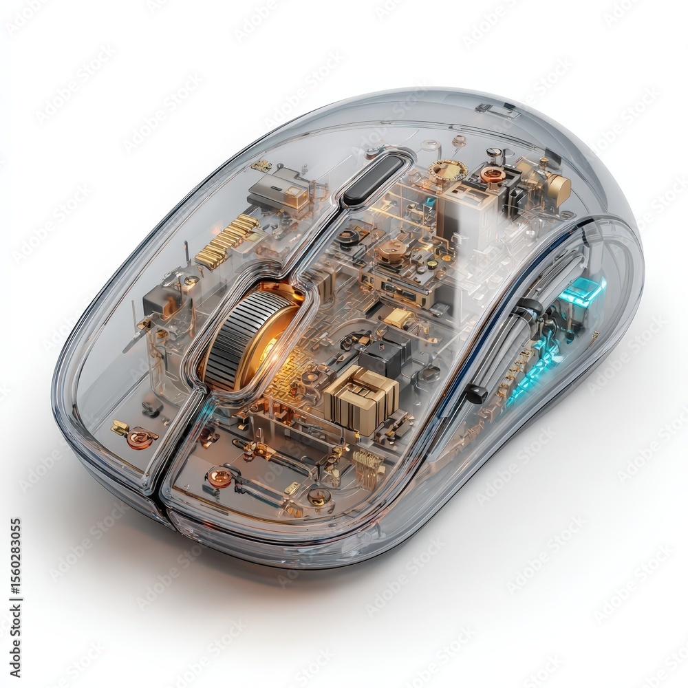 Poster transparent computer mouse internal mechanism and components high resolution 3d render of a wireless