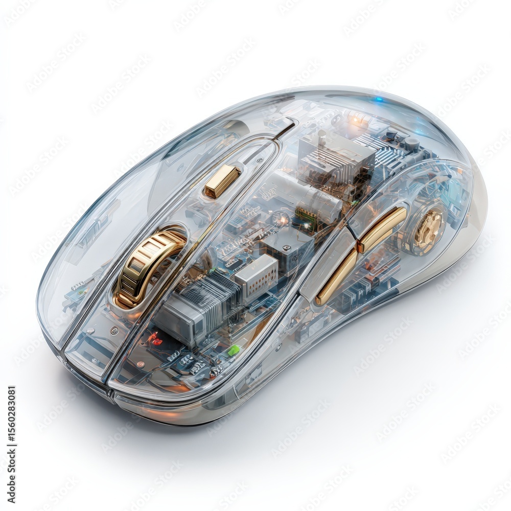 Poster transparent computer mouse internal mechanism showcase high tech gadget design