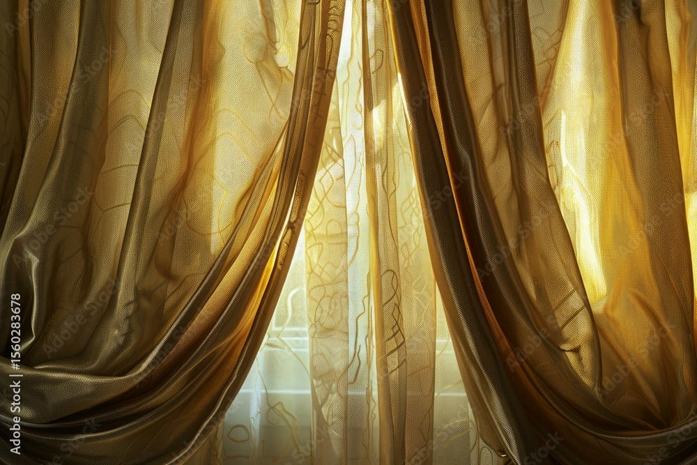Poster golden curtains gently filtering soft sunlight, creating a warm and inviting atmosphere in a luxurio