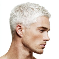 Obraz premium Profile of a young man with platinum blonde short hair and a serious expression A clean shaven male model portrait