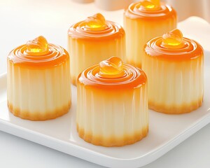 French Canele with Warm Cafe Background arranged on white ceramic tray, filtered light through cafe curtain adding soft elegance
