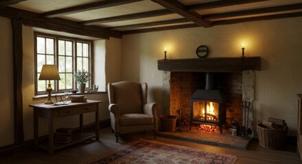 Cozy Rustic Cottage Interior with Fireplace and Warm Lighting
