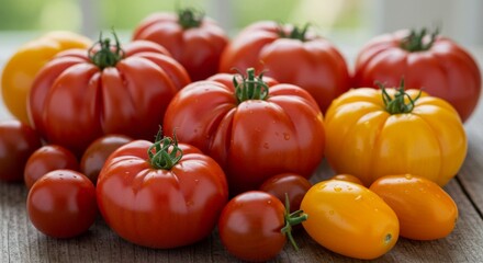 Assortment of Red and Yellow Tomatoes on Wooden Table
