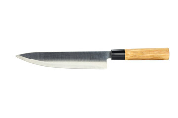 Sharp kitchen knife with wooden handle, essential for cooking, food preparation, or culinary concepts. Isolated on white background with clipping path.