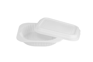 Empty white plastic food container with an open lid, versatile for packaging, storage, or product concepts. Isolated on white background with clipping path.