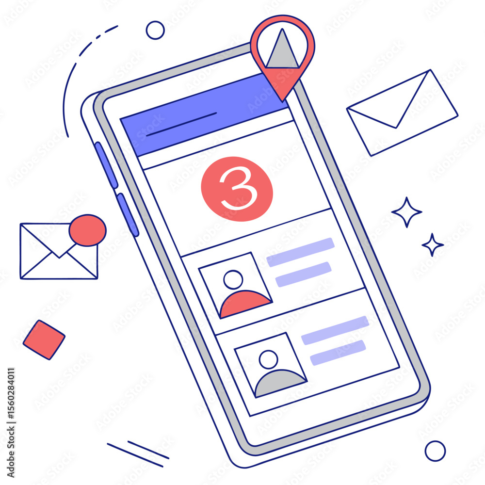 Aufkleber illustration of a smartphone displaying notifications and contact information with a location pin ic