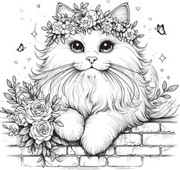 Elegant Floral Cat on Brick Wall