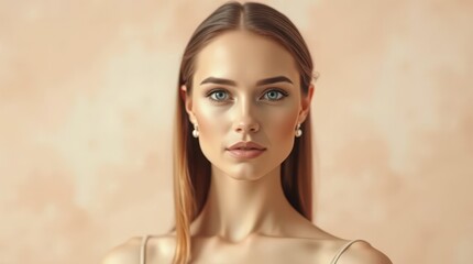portrait of a young beautiful woman with soft beige pastel monochrome tonality