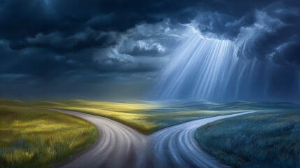 Forked road divides landscape with dark storm clouds on one side and bright sun rays on the other. Evokes metaphor of high-risk versus safe choice