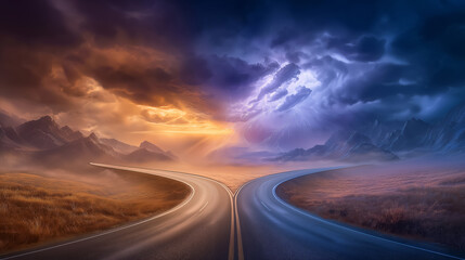 Fototapeta premium Forked road leads to contrasting weather conditions with storm clouds on one side and sun rays on the other. Depicts metaphor for decision making and risk assessment